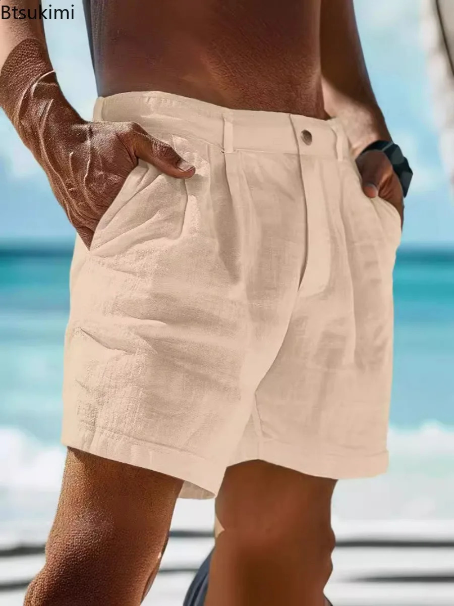 2025 Summer Cotton Linen Shorts for Men Solid Casual Button Pocket Beach Shorts Mens Comfortable Simple Vacation Leiture Pants250312