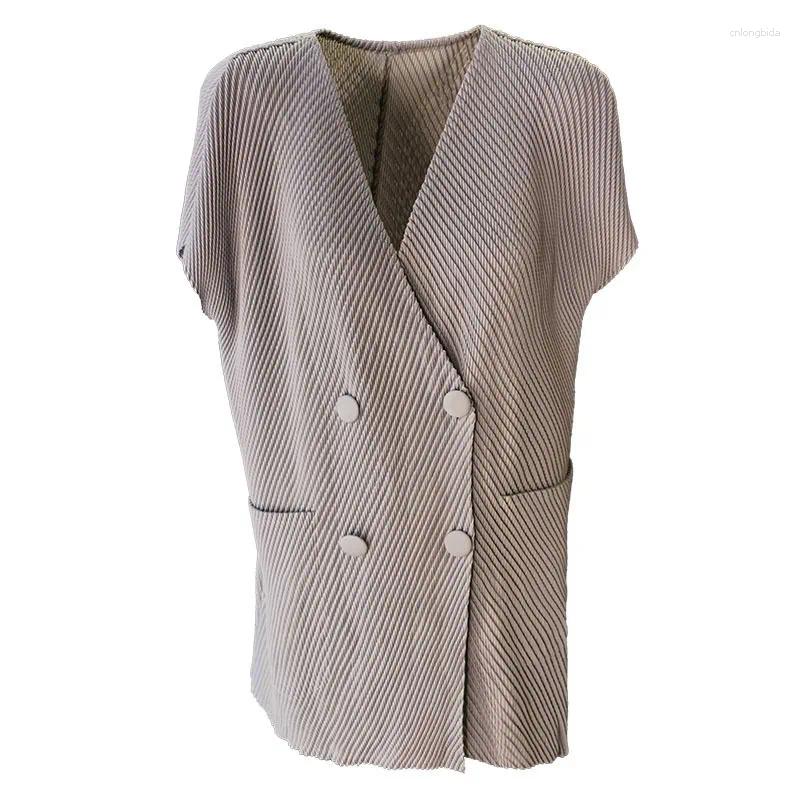 Women's Vests Miyake Pleated Jacket Premium Feeling Button Pleat Top Peplum Loose Slim Short Sleeve Fold Women 2025 Summer