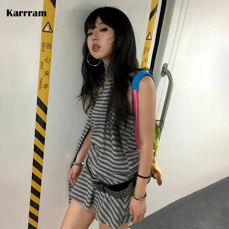 Karrram Y2k Aesthetics Halter Dress Japanese 2000s Style Grey Striped Short Dress Vintage Harajuku Backless Mini Dress Grunge 250319