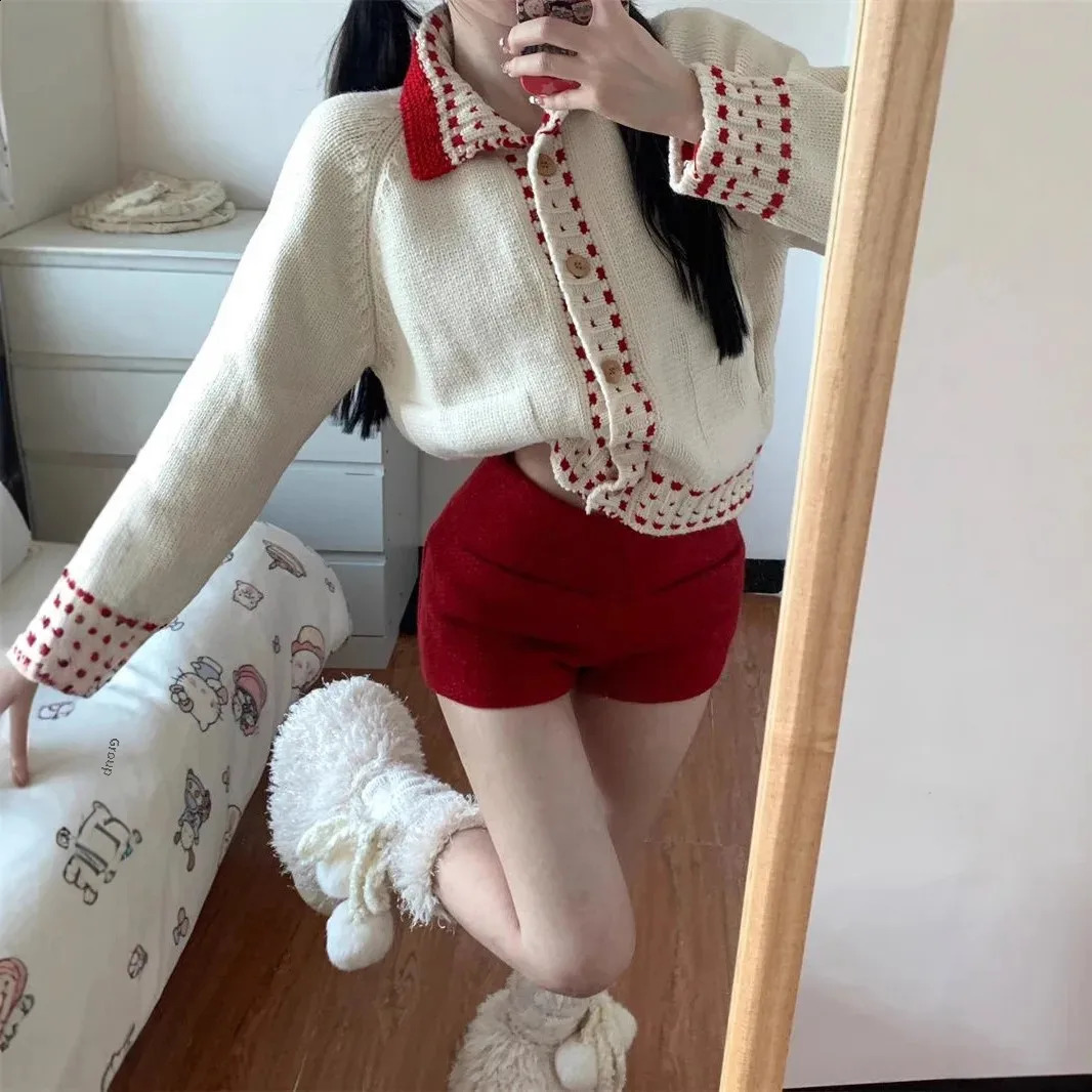 Retro Knitted Cardigan And Casual Red Pants Set for Women Year Fashion Single Piece Turndown Collar Color Block n 250319