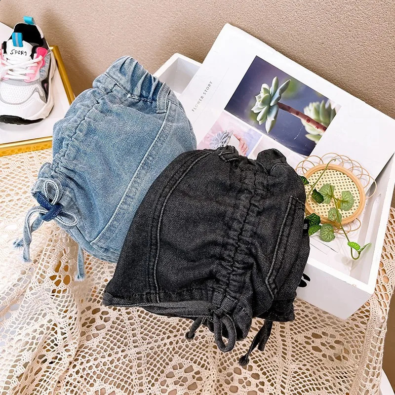 Girls Denim Shorts Stylish Casual Pants Summer Korean Style Drawstring Straps Solid Color Jeans for Outer Wear Kids Shorts 250319