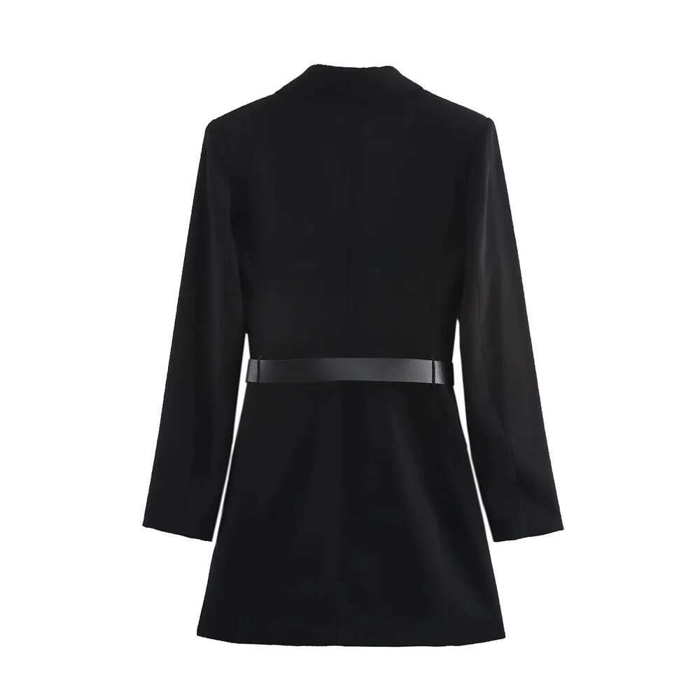2025 RZRA Spring New Women's Fashion Casual Loose Belt Decoration Short Suit Collar Long Sleeve Dress