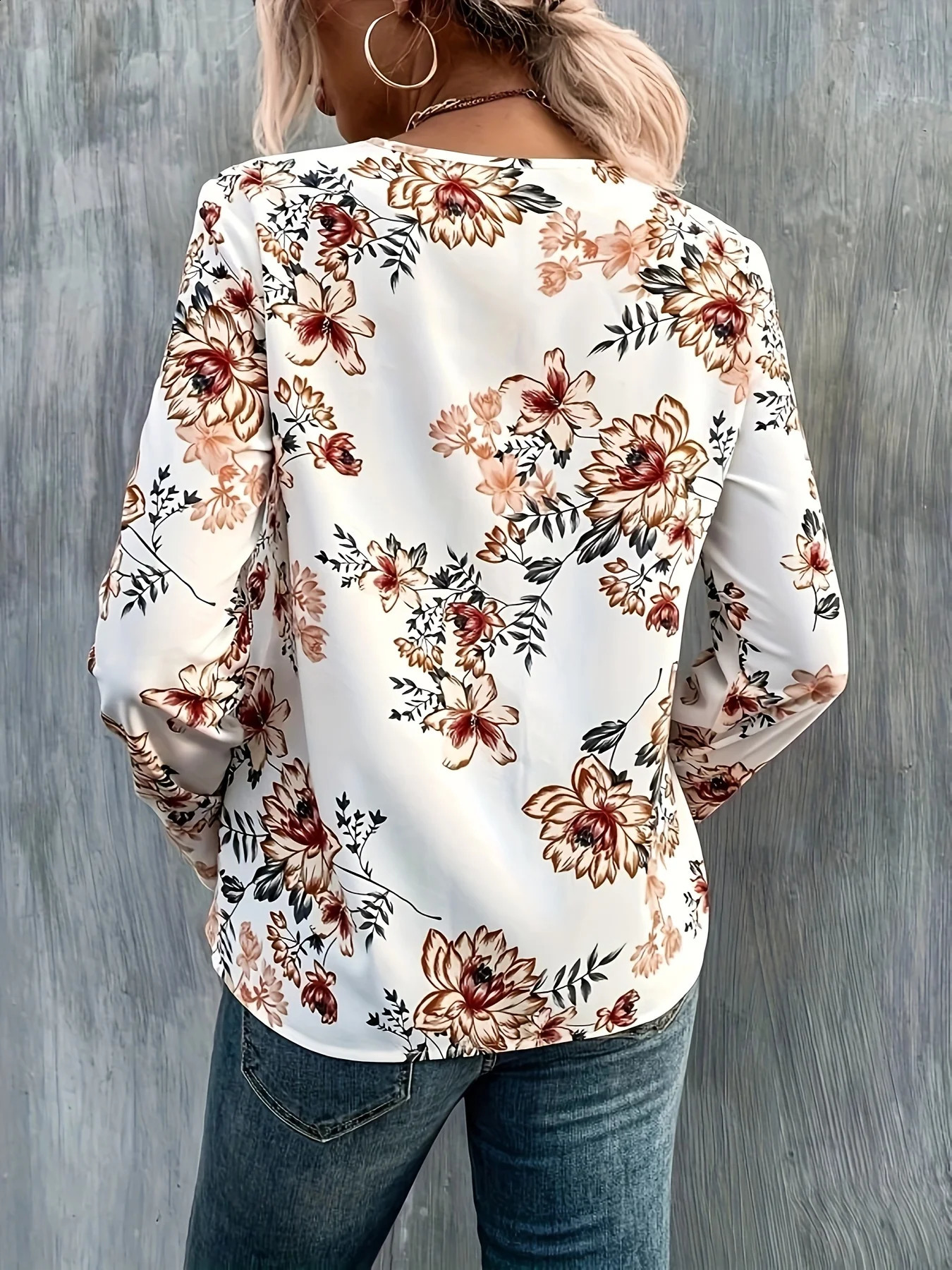 Spring and summer womens lace Vneck long sleeved printed shirt fashionable n showcasing French elegance charm 250319