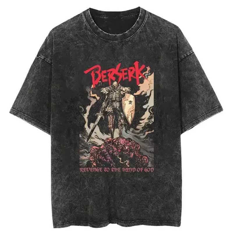 Washed Berserk Cotton Mens Vintage Japan Anime Oversize Shirts Streetwear Harajuku Summer Short Sleeve TShirt Loose Cotton TopsT250318