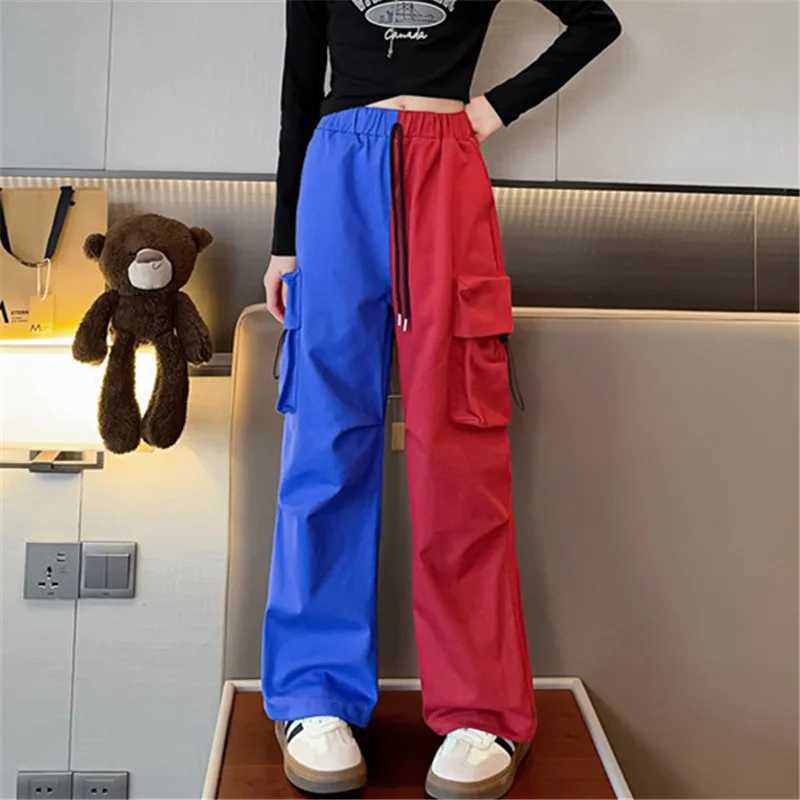 New Fashion Girls Childrens Red and Blue Spliced Colorful Product Pants with Pockets Elastic Waist Childrens Spring Hip Hop Loose Street ClothingT2503
