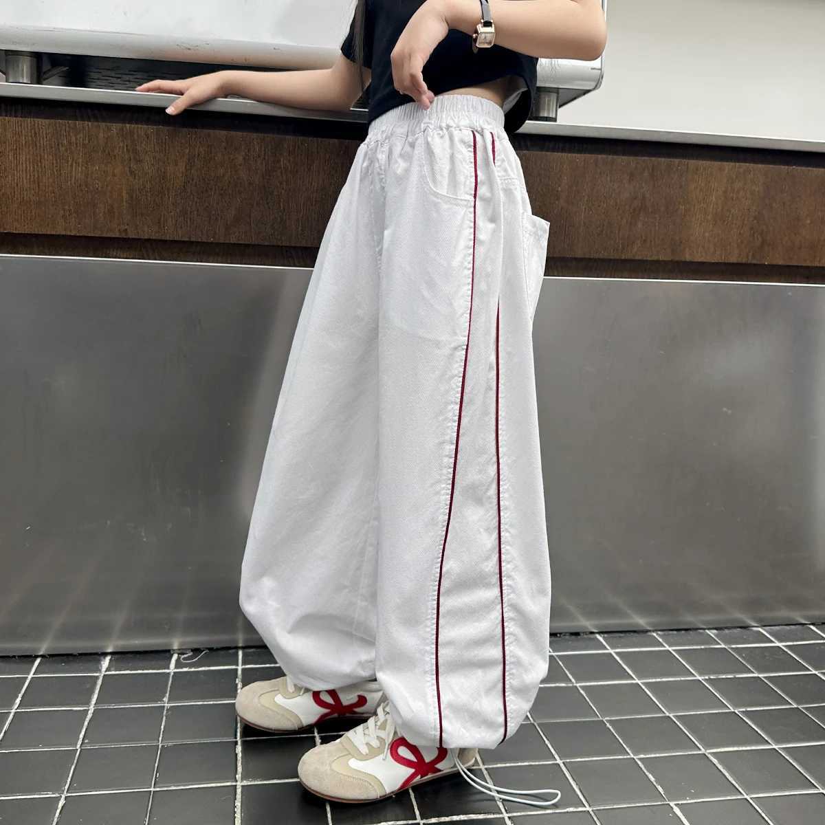 Childrens Spring and Summer White Pants Girls Casual Trouser with Side Stripes Childrens Fashion Sports Pants 4 5 7 9 11 14 YT250318