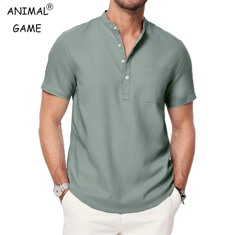 Summer mens short sleeved Henry shirt casual button down lightweight beachwear breathable pocket streetwear 250319