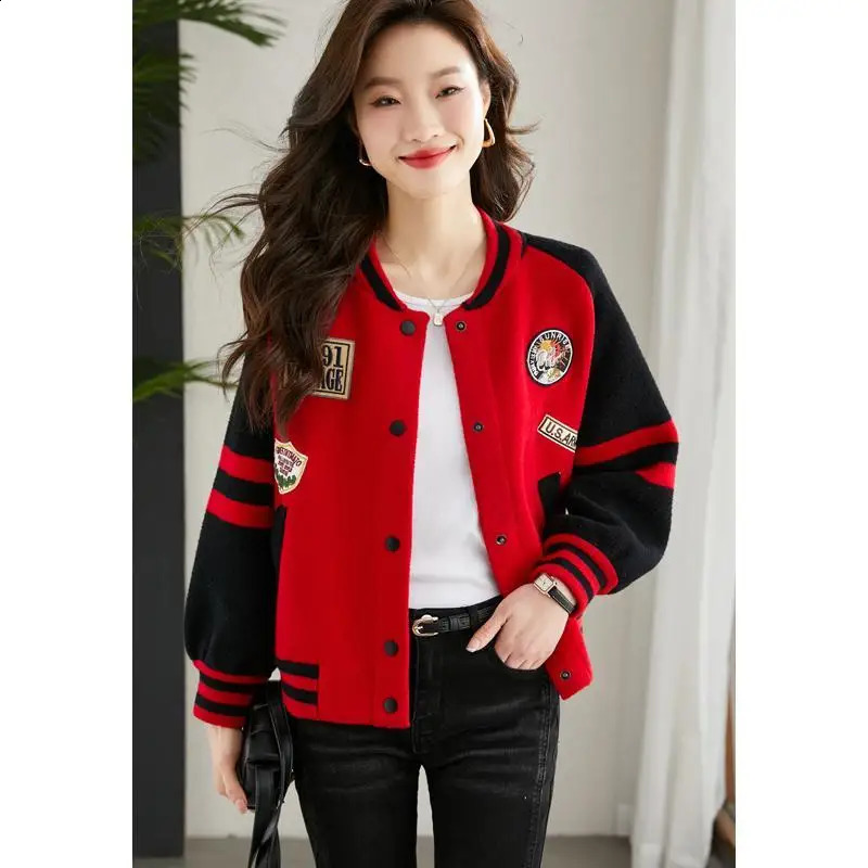 Pure Cotton Early Spring Short Baseball Jacket Loose Fit Westernstyle Patch Fabric Long Sleeved Niche Red Top Women 250317
