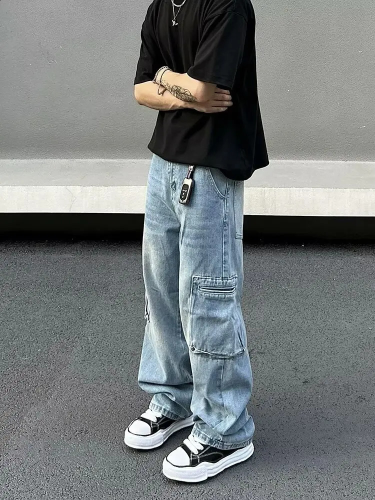 Ropa Y2K Fashion Multi Pocket Laundry Blue Pocket Jeans Mens Cargo Pants 90s Retro Clothing Straight Denim Trouser 250317