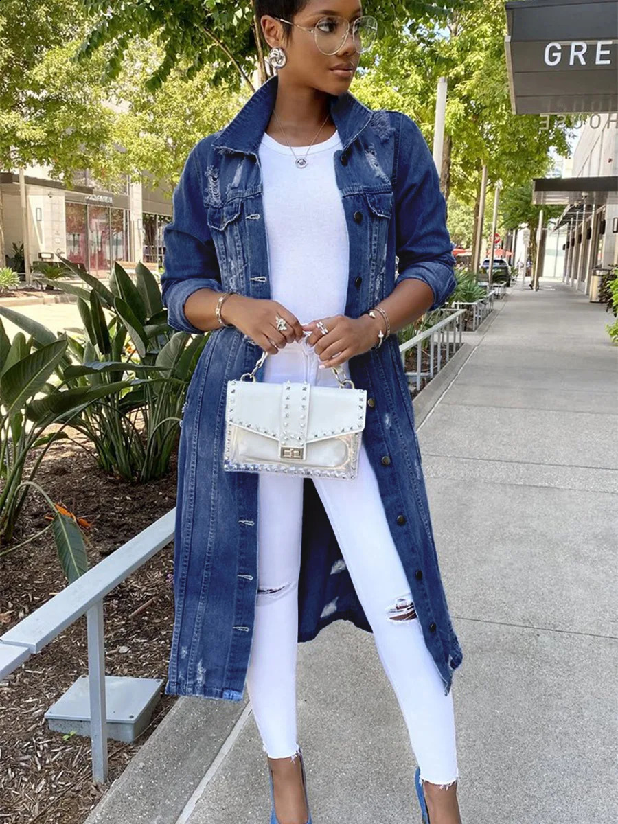Autumn Women Sexy Ripped Denim Jackets 2023 Vintage Casual Long Jean Jacket Winter Female Sleeve Coat Streetwear 250319