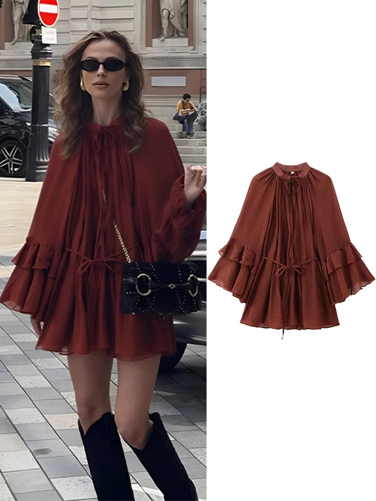 Casual loose mini dress Oneck long sleeved womens 2025 spring solid color lace hollow chiffon 250319