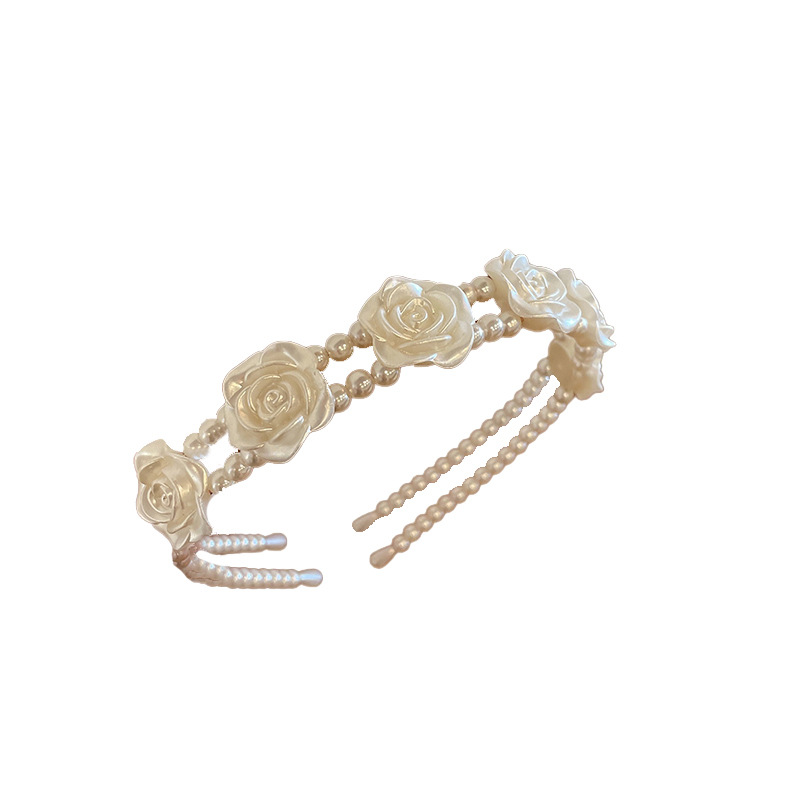 Vintage-Inspired Pearlized Headband Adorned with Roses Feminine Double Layered Hair Accent for Women
