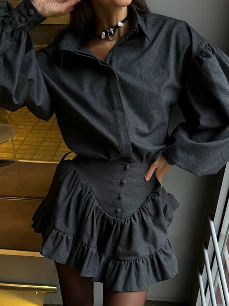 Lapel Button Up Shirt Top Ruffle Edge Short Skirt Two Piece Set Fashion Loose Classic Women Blouse Waist Cinching Half Skirts 250319