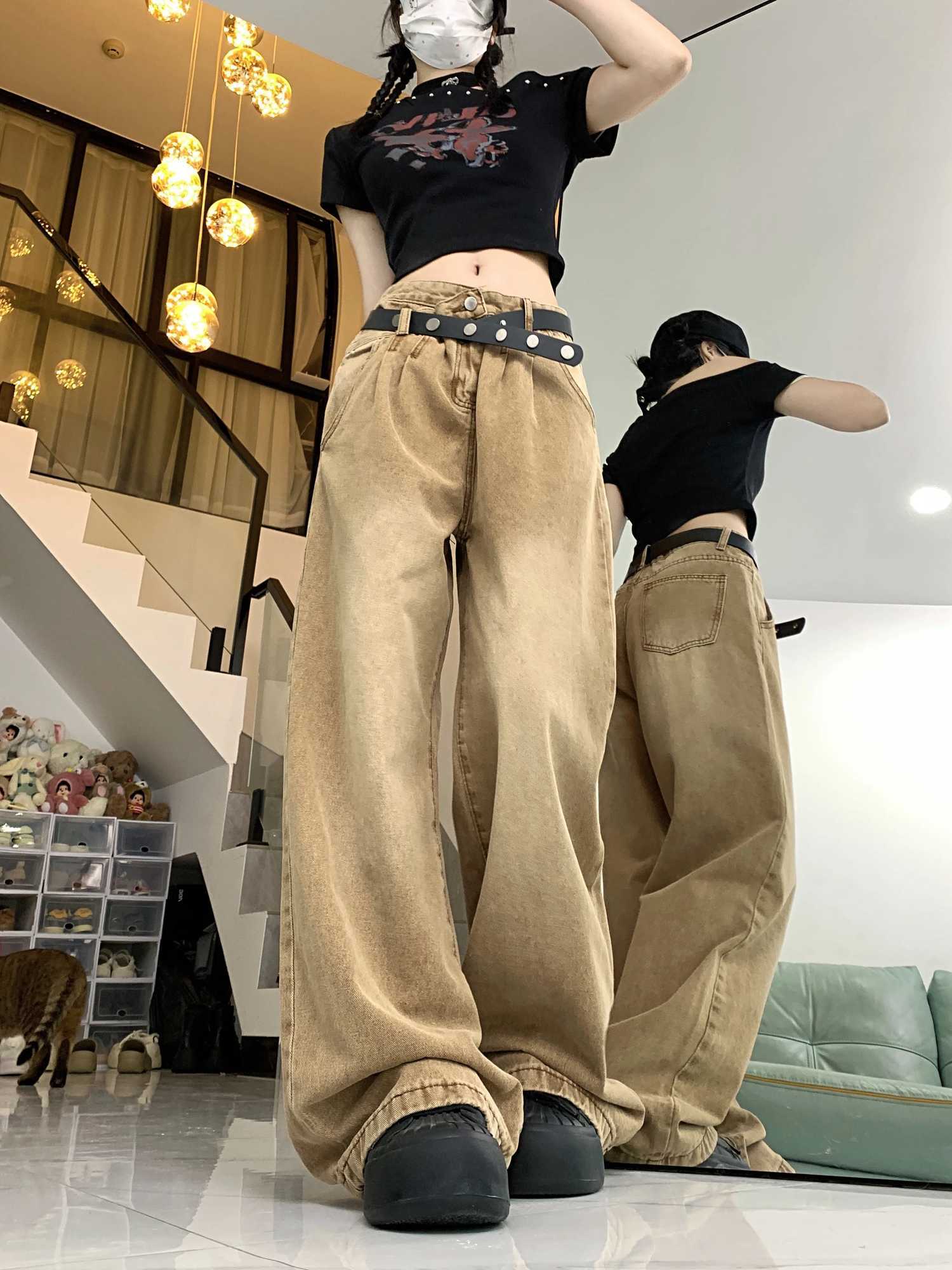 American retro design womens pants high waisted trendy full match new Y2K jeans summer fashion personality womens jeansT250319