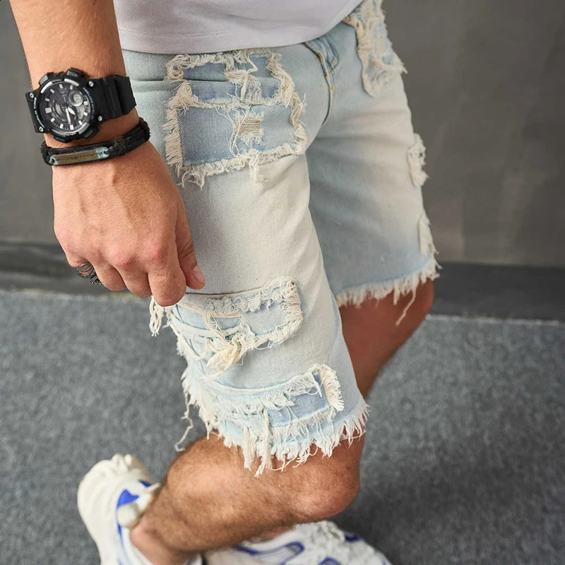 Y2K style open top n mens denim shorts summer trend solid color slim fit jeans retro straight 250319