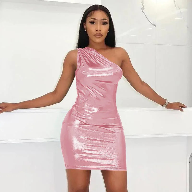 Sexy One Shoulder Bodycon Dresses For Women Solid Irregular Skinny Mini Y2K Metallic Gilding Short Mini Dress 250319