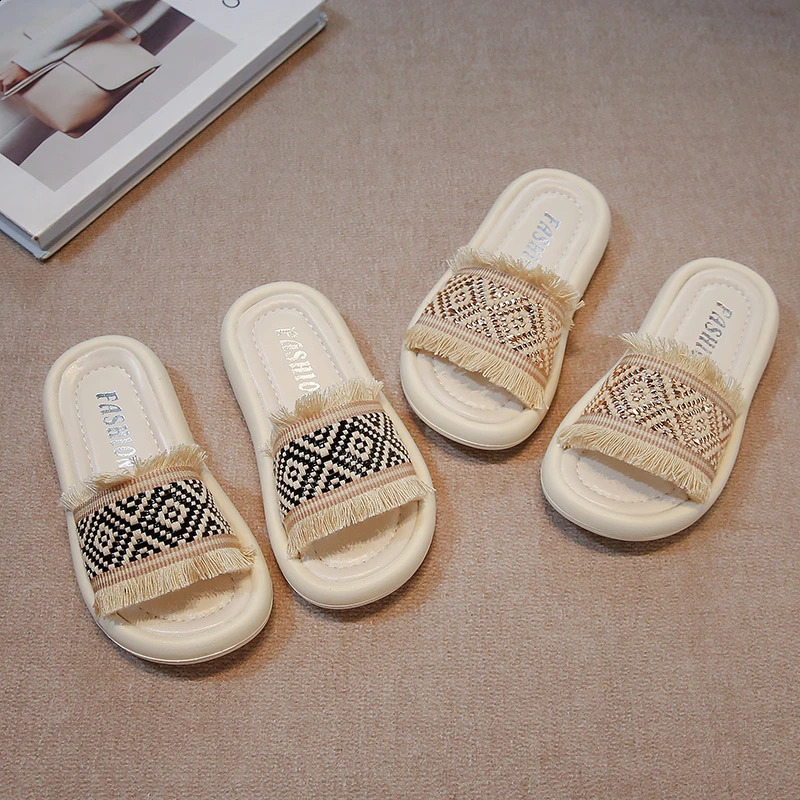 Girls Slippers Platform Bohemia Style Braided Tassel Kids Summer Sandals Leisure Vacation Trendy Slip-on Children Sliders 26-36 250318
