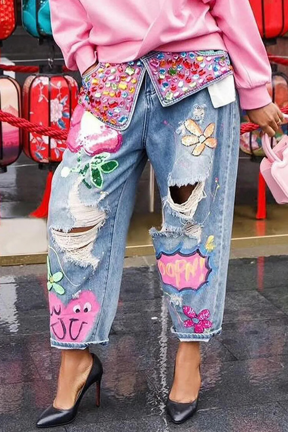 Fashionable Womens Jeans Spring Summer Brick Print Holes Comfortable Street Can Wear Ladies Wide Leg Pants 250314
