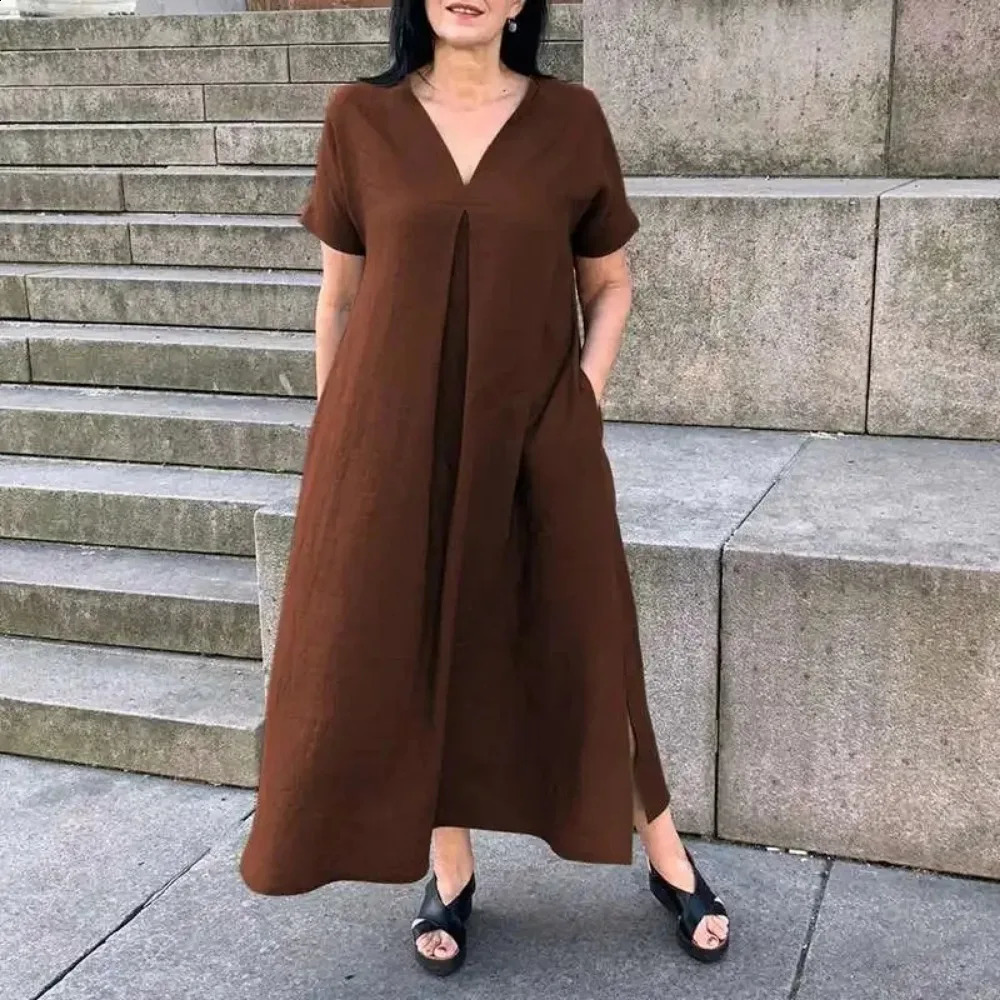 Womens L5XL plus size spring summer loose cotton linen short sleeved fashionable dress Vneck solid color casual 250319