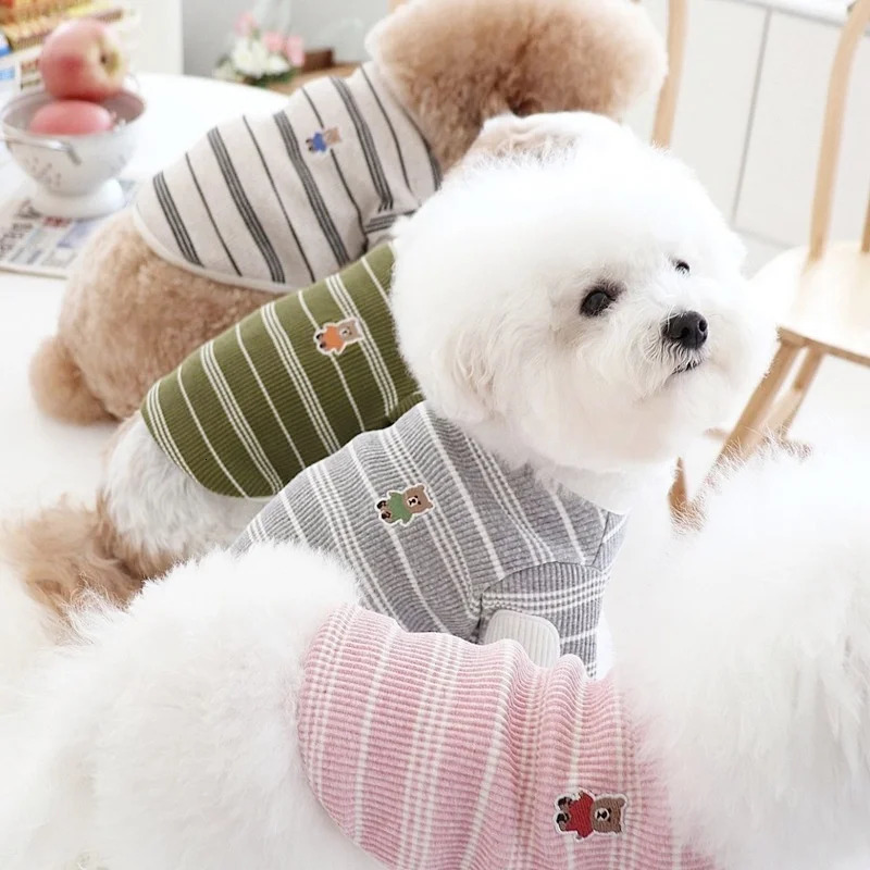 Spring Dog striped shirt dog outfit cute bear print puppy drawstring breathable cat shirt soft pet vest Chihuahua clothing 250318