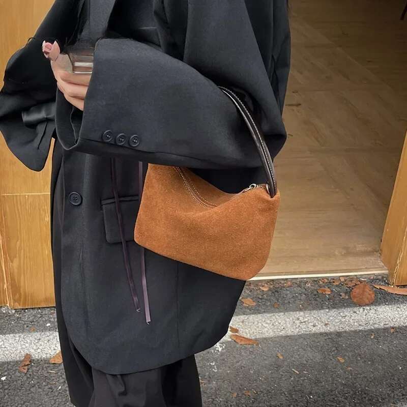 Mini Pouch Suede Cowhide Portable Lunch Box New Versatile Hand Bag Retro Shoulder Messenger Purse