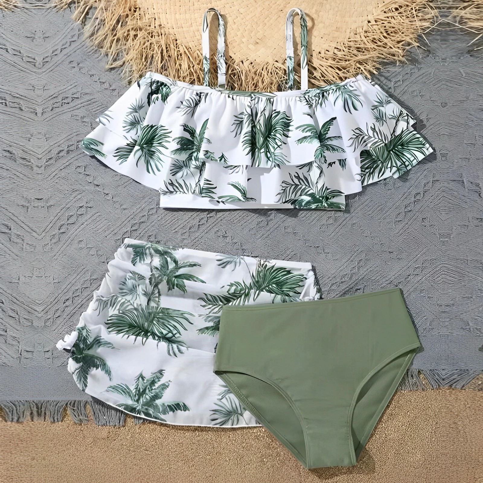 3 Pieces Ruffle Bikini 2025 Girls Swimsuit High Waist Kids Swimwear Female Beach Skirt Children Swimming Bathing Swim Suit 250319