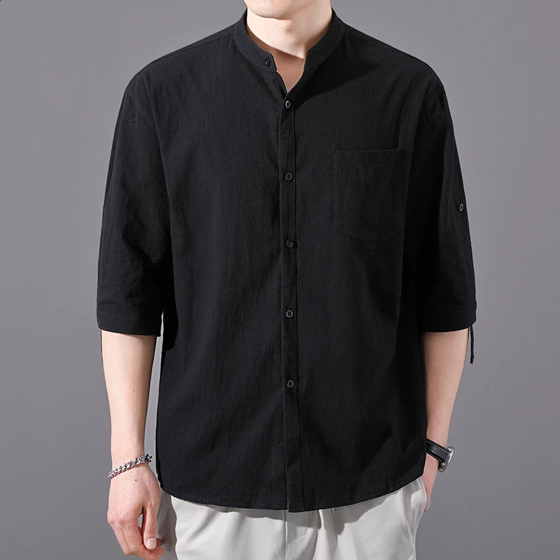 1/3 sleeve summer cotton linen mens solid color stand up collar casual beach shirt top 250317
