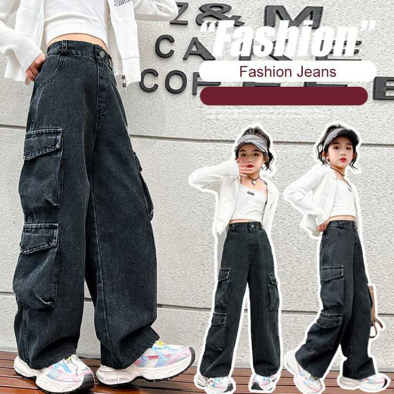 Teenage girl wide leg cargo jeans 2024 autumn fashion childrens casual denim pants school young childrens straight bag handcartT250318