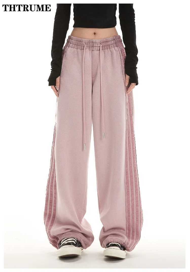 Harajuku Striped Loose Pocket Pants Womens Fashion Drawstring Retro Pocket Cargo Pants Street Clothing Sports Pants TrousersT250318