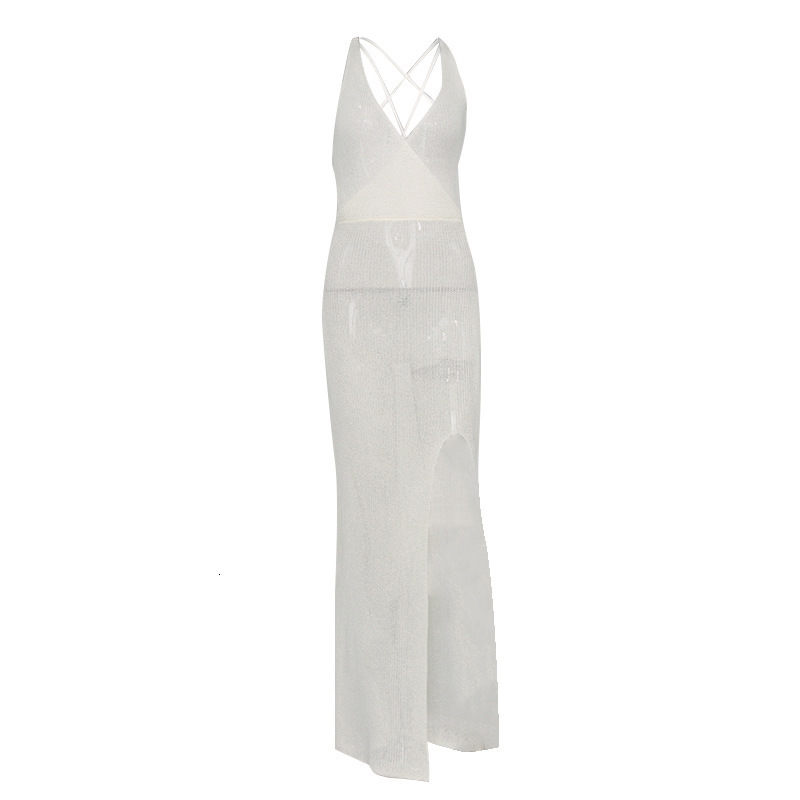 2024 Summer New Fashion V-neck Open Back Lace up Vacation Beach Strap Long Dress