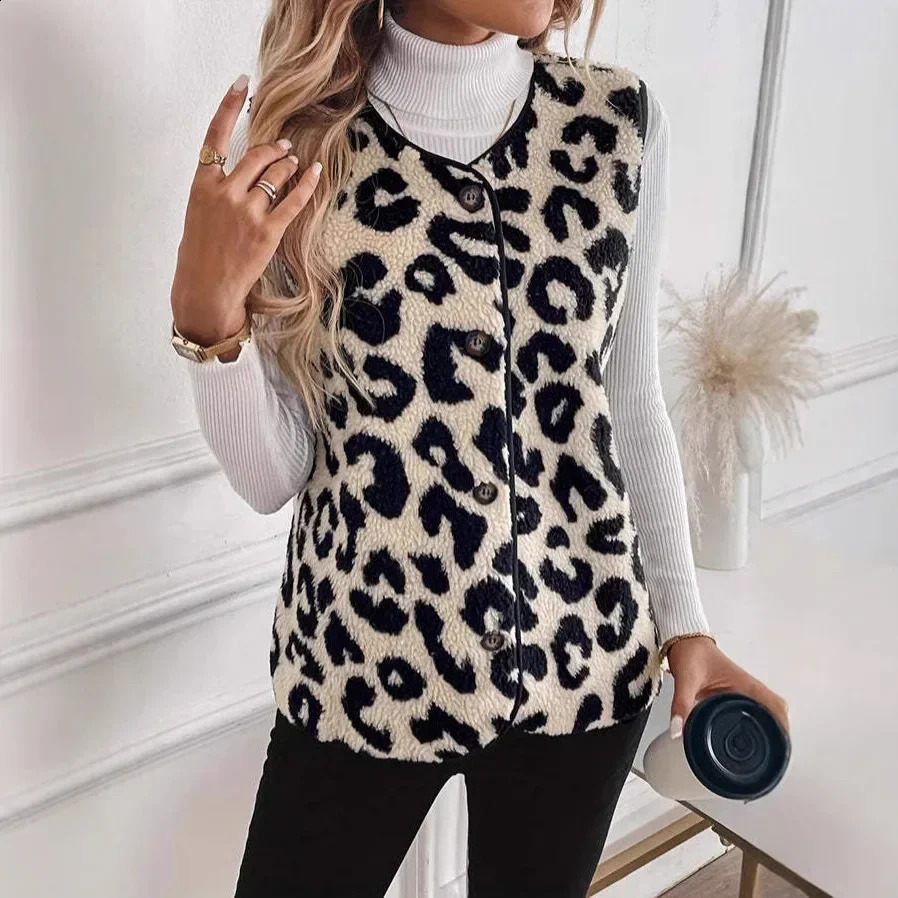 Fashionable and simple front button plush vest 2024 autumn winter leopard print womens jacket Vneck Chinese 250319