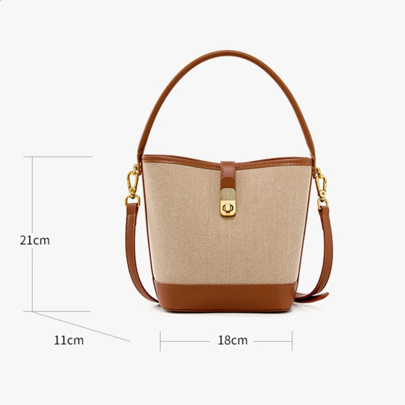 Vintage woven womens messenger bag color spliced womens bucket shoulder bag canvas combination mens leather womens handbag 250317