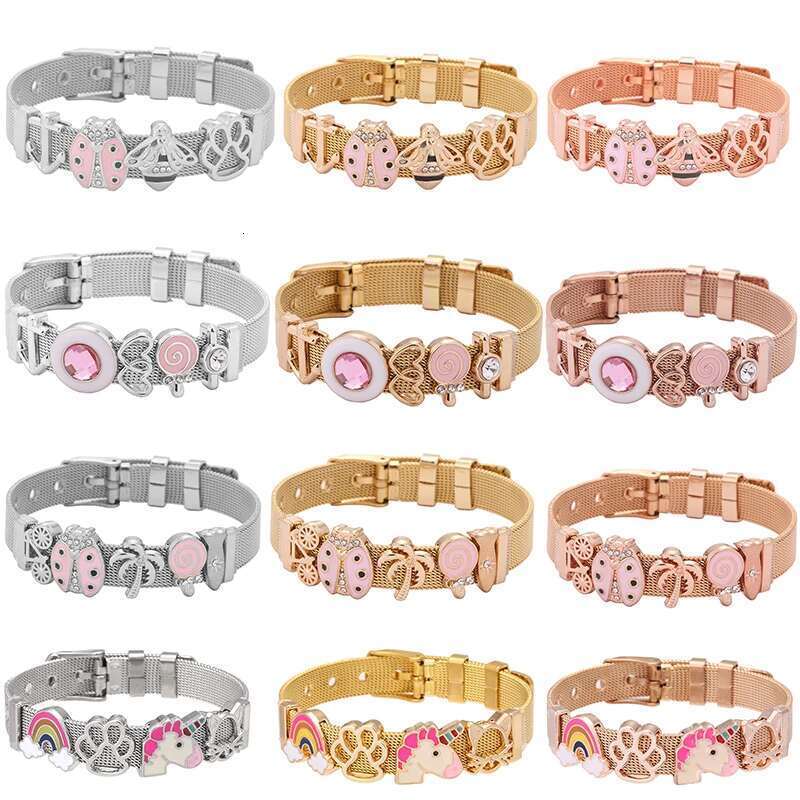 Stainless Steel Keeper Mesh Bracelets with Lovely Bee & Ladybug Crystal Slide Charms Wrap Bracelets Bangle For Women Gift