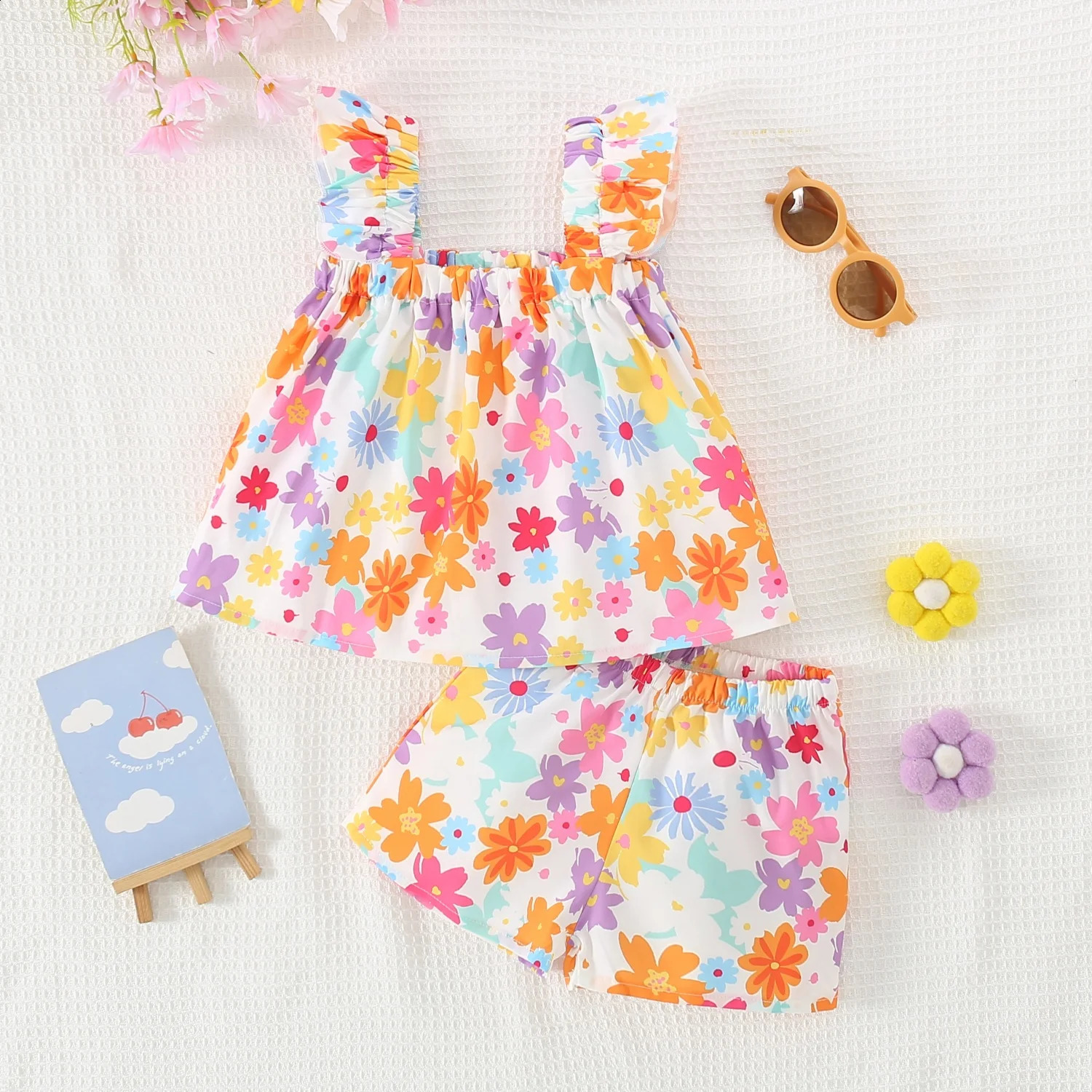 2 Pieces Set Summer Baby Girl Clothes Colorful Flower Printed Top with Shorts Korean Outfit 250319