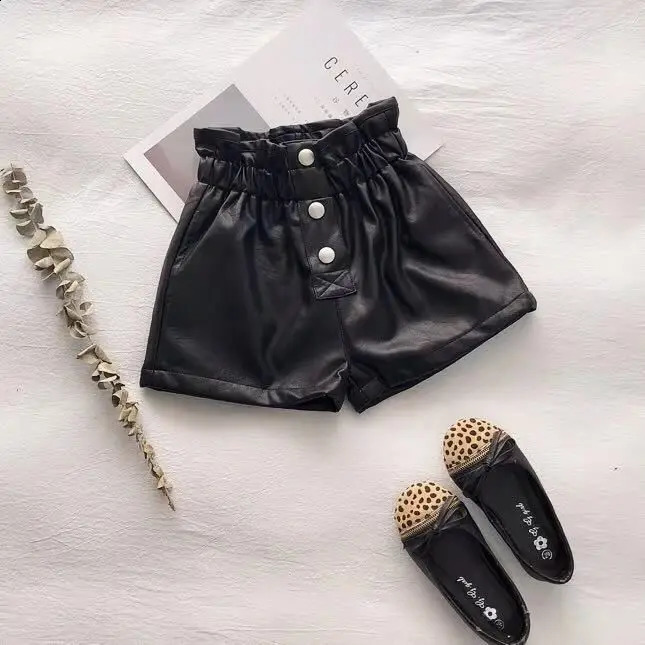 Spring Summer Autumn Girls Fashion Pu Leather Shorts with Buttons 250319