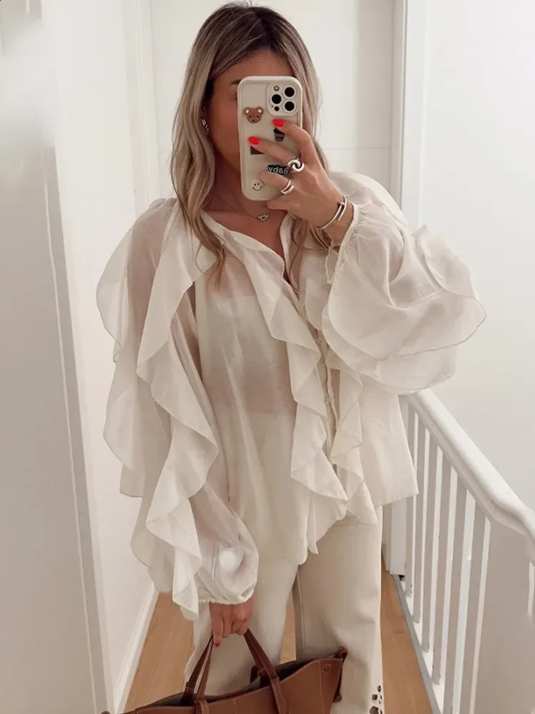 mesh pleated fringe patch work shirt womens fashionable pink V-neck lantern sleeve top summer loose high street outfit 250318
