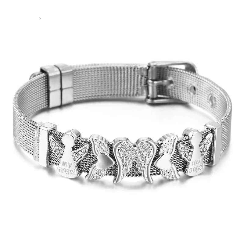 10mm Feather Fairy Beads Charm Bracelets DIY Stainless Steel Mesh Belt Bracelet Pulseras Mujer For Women Men Boy Jewelry Gift