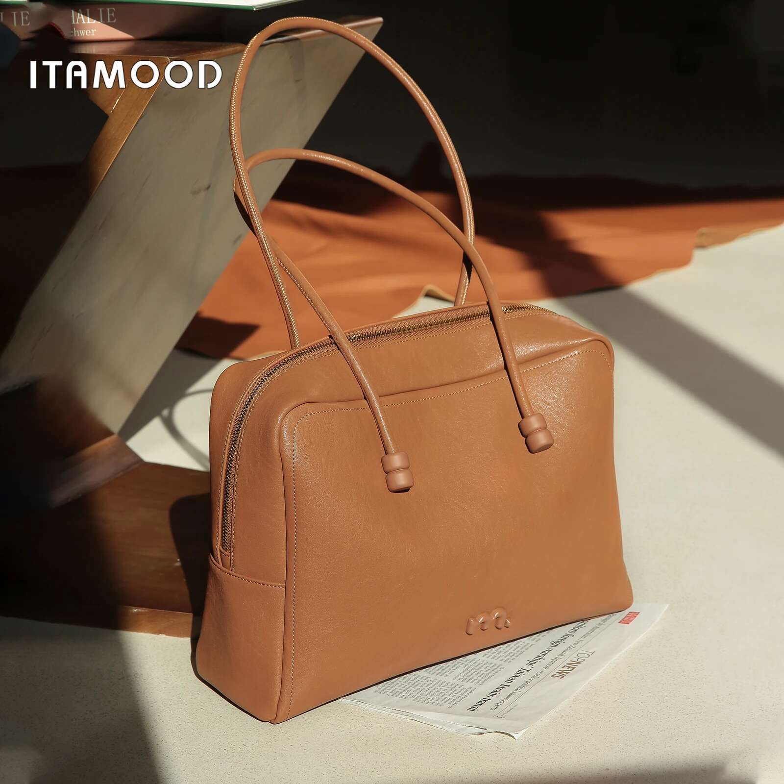 ITAMOOD Advanced Large-Capacity Retro Boston Fashionable Commuting Simple Bowg Bag Leather Shoulder Handbag
