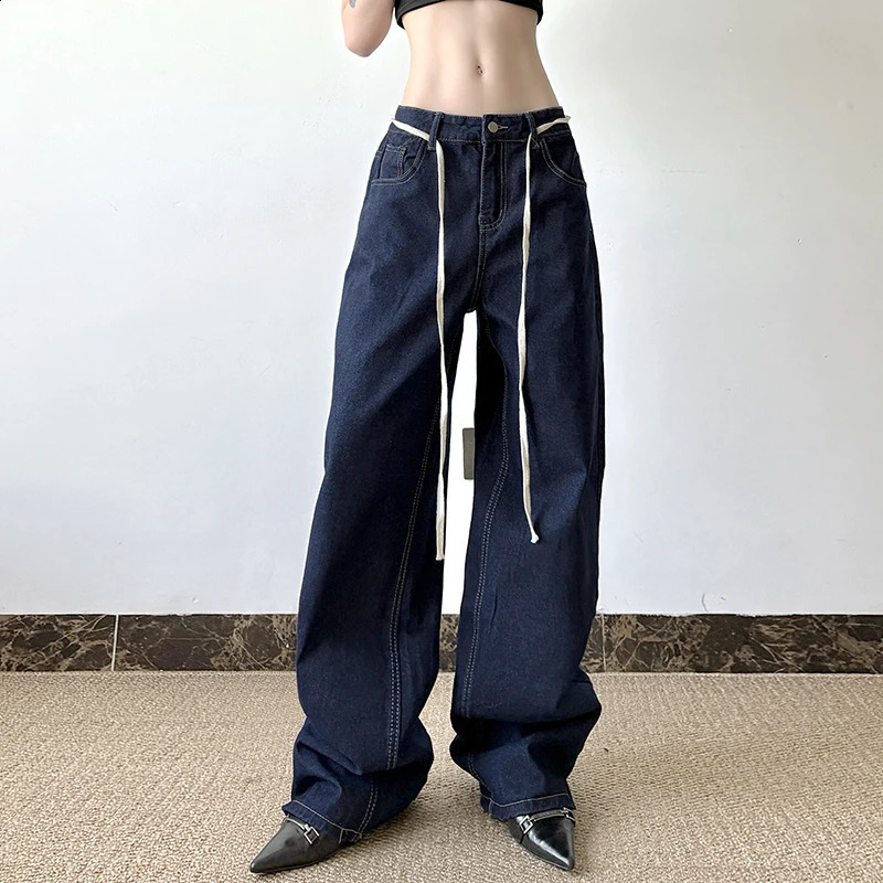HEYounMIRL Fashion Waist Rope Basic Korean Bag Jeans Deep Blue Loose Suitable for Wide Leg Pants Harajuku Retro Cowboy Street 250317