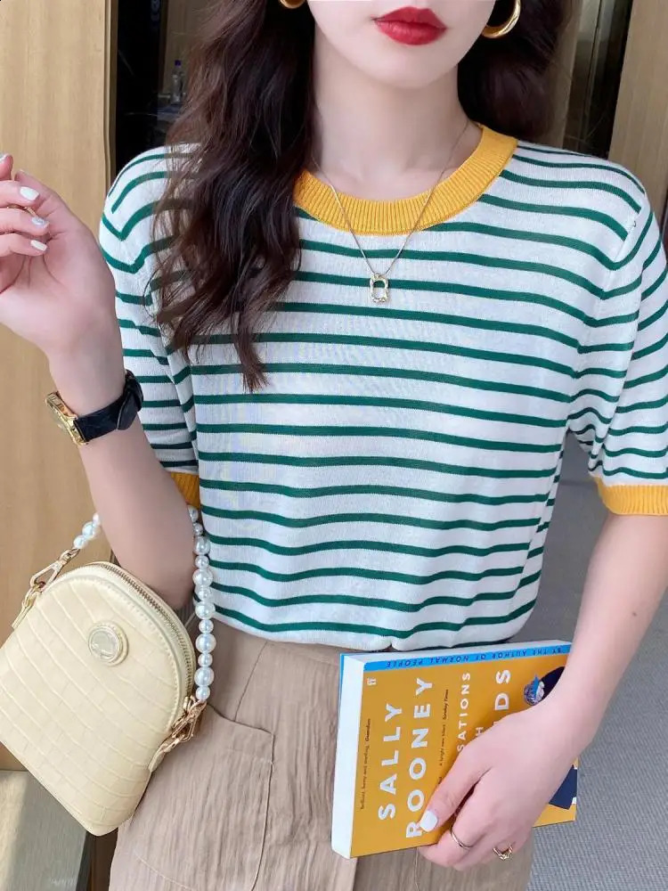 2025 Stripe Tops Women Knitted Round Collar Summer Print Short Sleeve Casual Simple Wild T-Shirt 250319