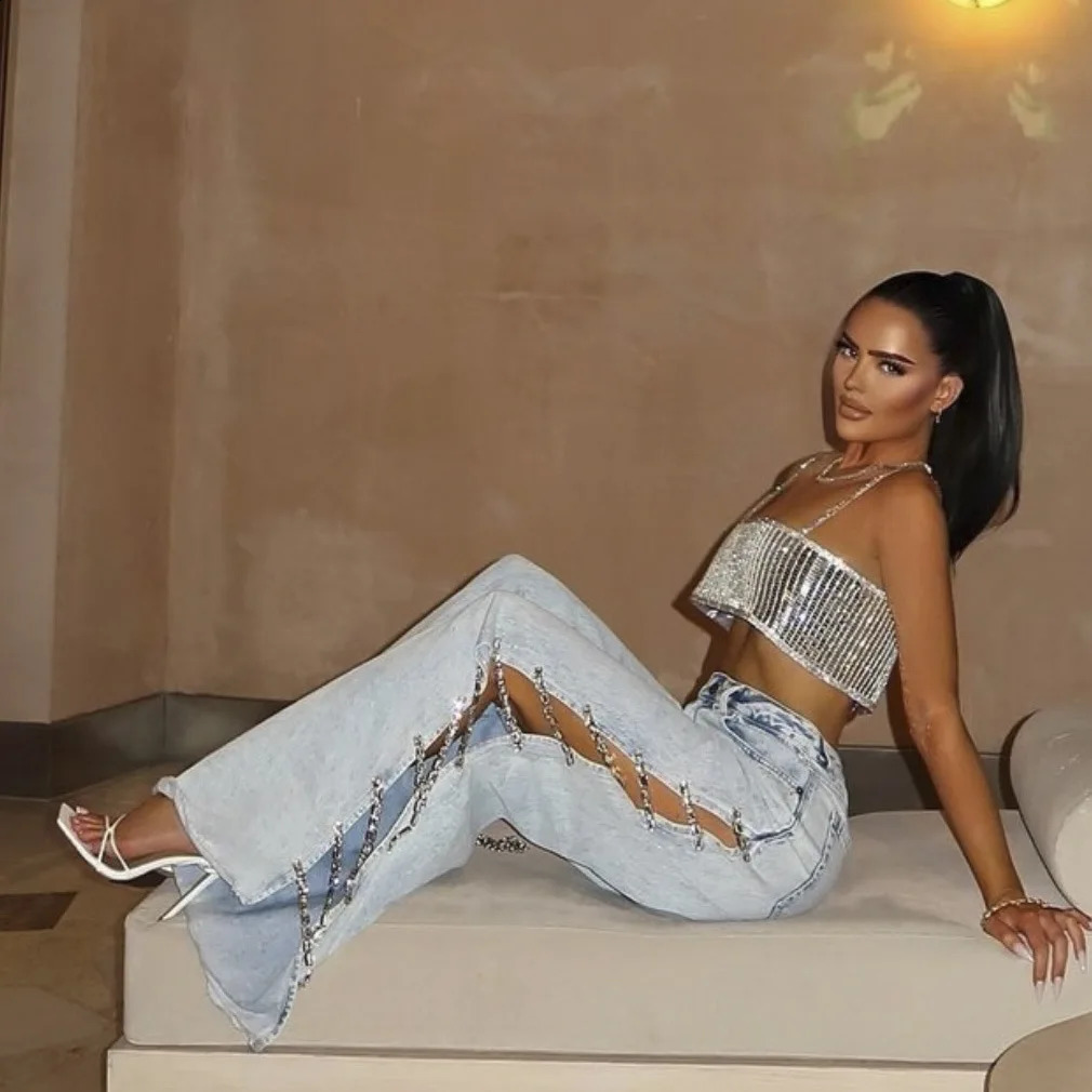 High waisted ripped womens summer thin side seam jeans denim long with diamond chain straight wide leg 250317