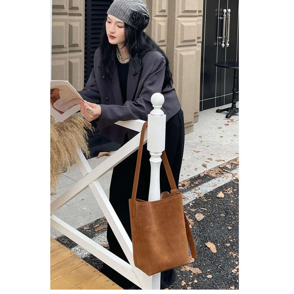 Frosted Cowhide Bucket Women Suede Leather Purses Lazy Style Crossbody Shoulder Winter Large Bag