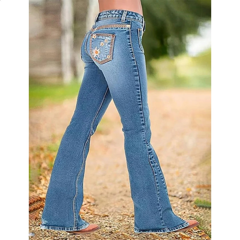 Distressed Daisy ed Flared Jeans Button fly with Split Hem Retro Elegant Stretch Slimming Womens Pants 250317