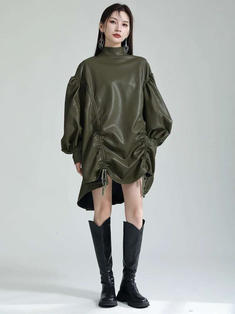Women Green Pu Leather Drawstring Big Size T-Shirt New Turtleneck Long Sleeve Fashion Tide Spring Autumn 2025 1Dh1358