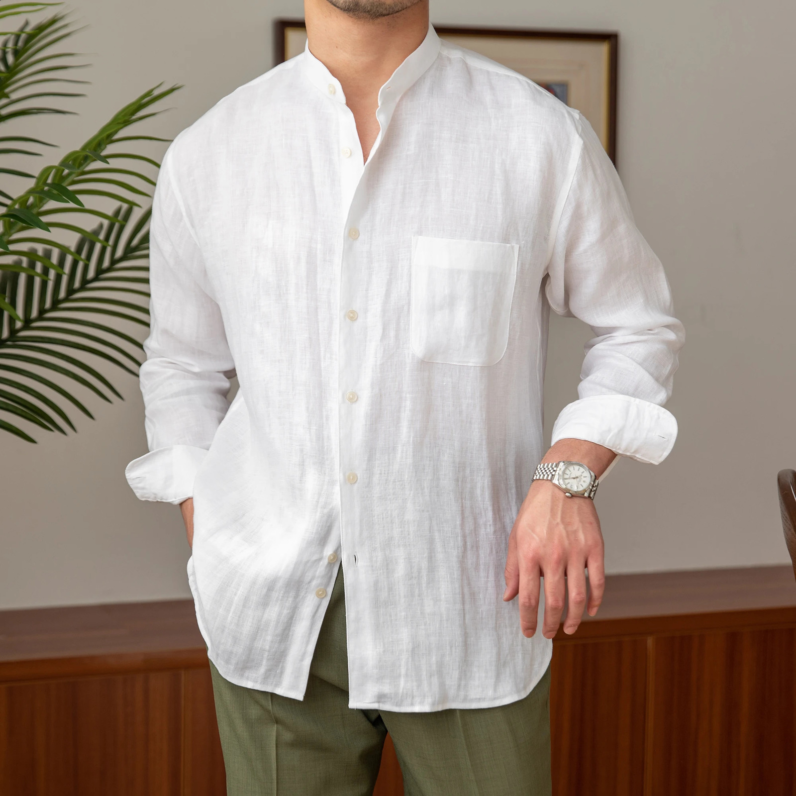 Homemade commuting lightweight mature casual breathable pure 100% linen long sleeved mens fully matched holiday collar shirt 250317