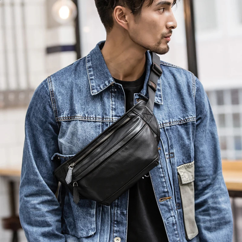 Fashion Mens Genuine Leather Waist Bag Chest Pack Leather Waist Pack Male Fanny bag Bum Money bag soft Belt bag Pouch 250317
