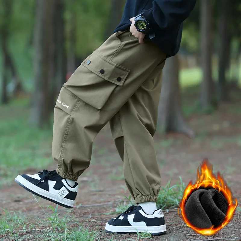 Boys Pants 2024 Autumn Winter Windproof Cargo Pants for Kids Plus Velvet Children Trousers Teenager Joggers Clothing 4-14TT250318