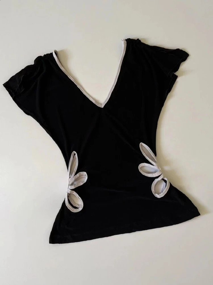 Vintage Hollow Out V Neck Backless Tees Women Summer Grunge Casual Female Tanks Patchwork Contrast Color Crop Top Y2k Aesthetic 250319