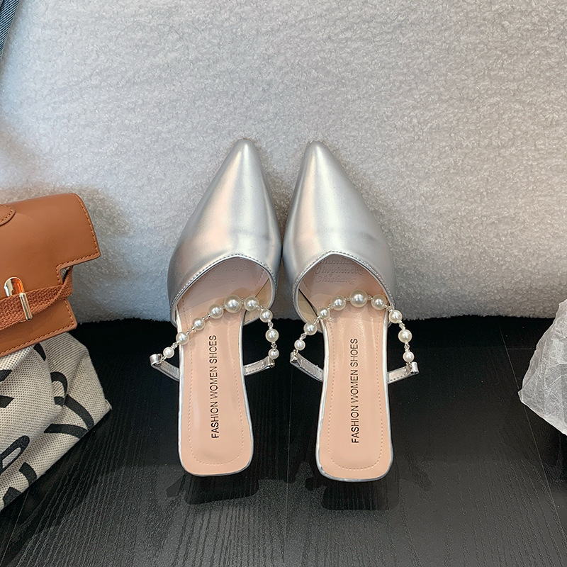 High heels, single shoes, pearl toe sandals, summer thick heels, straight strap slippers, women's outerwear, pointed half drag 2025