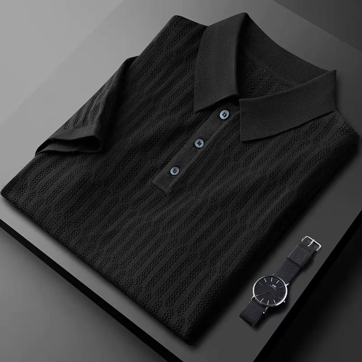 Light summer thin ice silk hollow-out knitted T-shirt mens short sleeve summer fashion jacquard lapel casual POLO shirt 250317